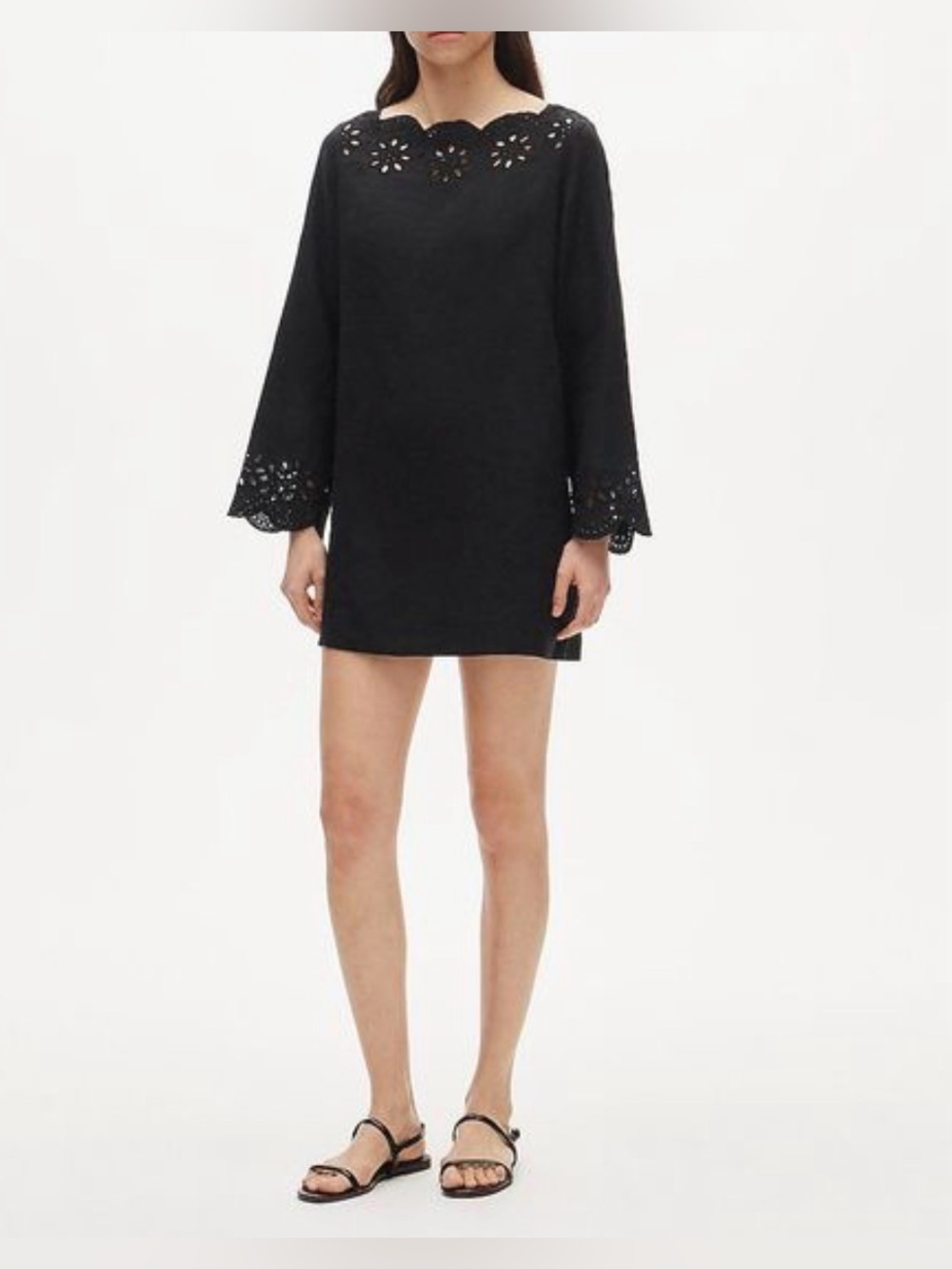 JCrew.Black Scallop-trim eyelet popover dress.100% linen XXS.NWT.